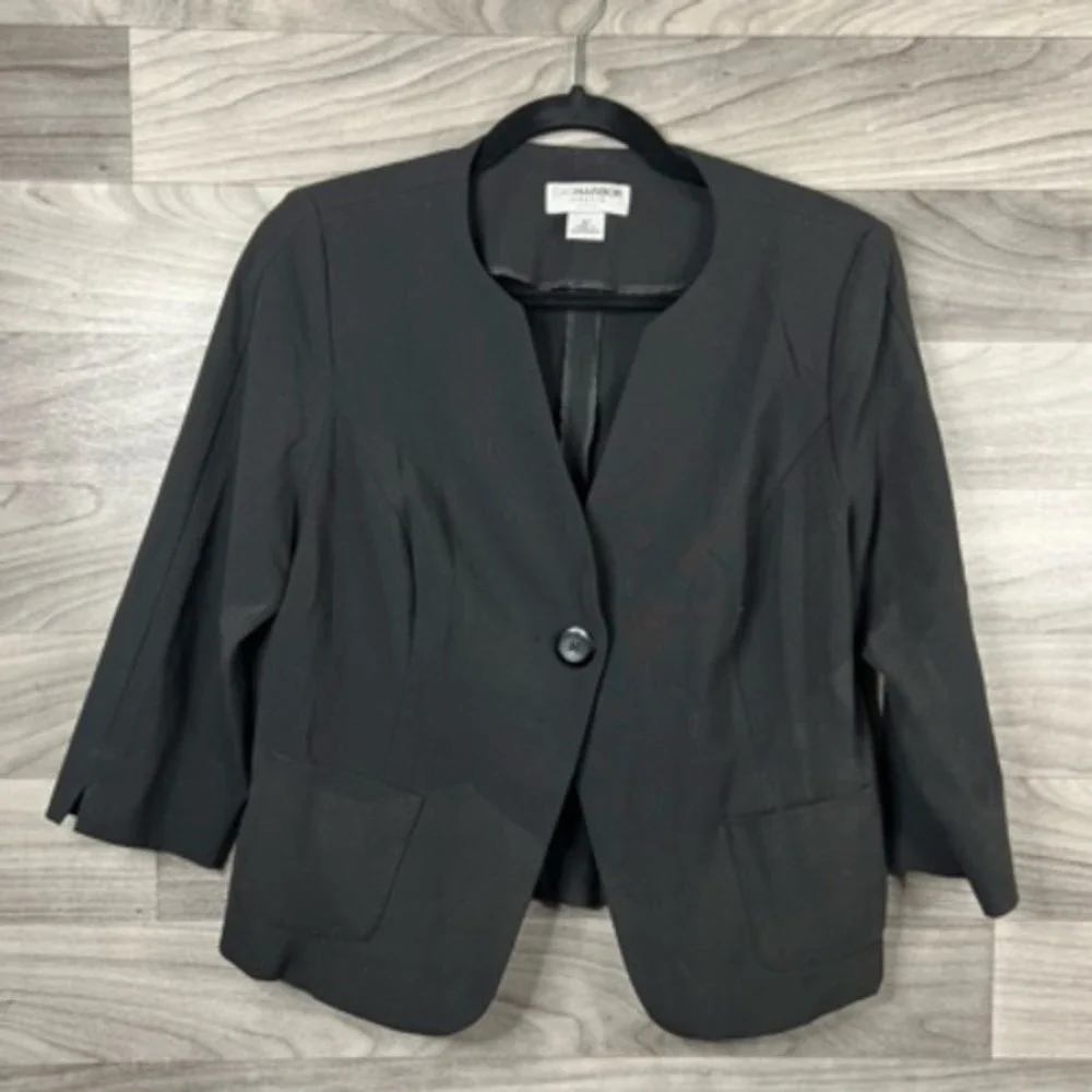 Sag Harbor Womens Suit Jacket Blazer Black Stretch 3/4 Sleeve Pockets Petites 8P